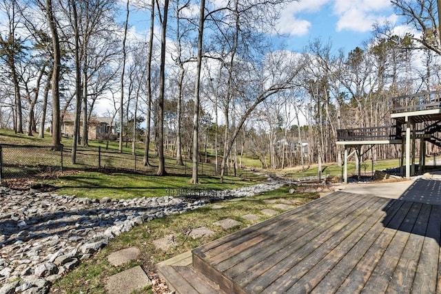 deck with stairway, fence, and a lawn