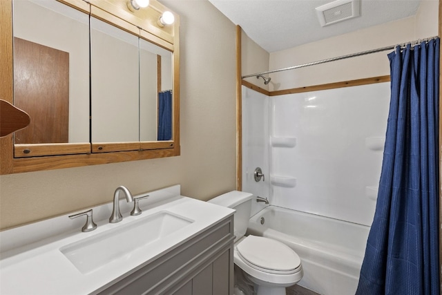 full bathroom with visible vents, shower / bath combination with curtain, toilet, and vanity