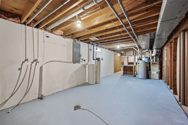 unfinished below grade area with heating unit, electric panel, and water heater