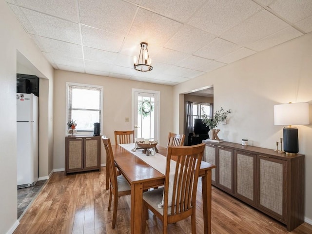 dining room featuring a drop ceiling, baseboards, and wood finished floors