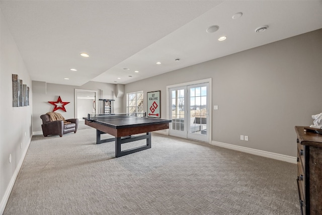 playroom with recessed lighting, baseboards, and carpet