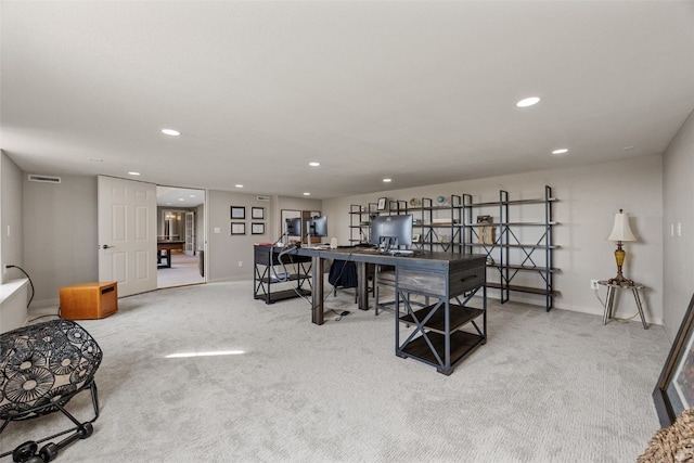 rec room featuring recessed lighting, visible vents, light colored carpet, and baseboards