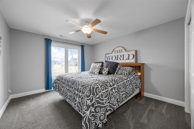 carpeted bedroom featuring a ceiling fan, baseboards, and visible vents