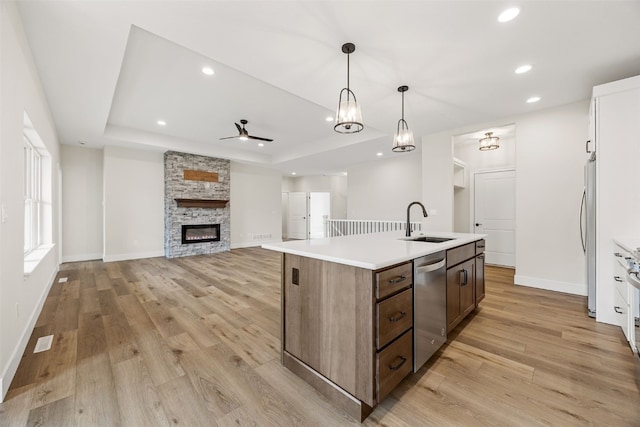 kitchen featuring light wood-type flooring, a sink, a tray ceiling, stainless steel appliances, and a fireplace