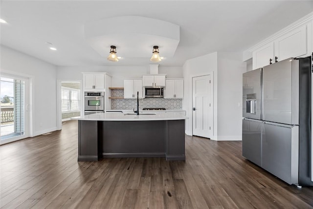 kitchen with a sink, tasteful backsplash, stainless steel appliances, white cabinets, and light countertops