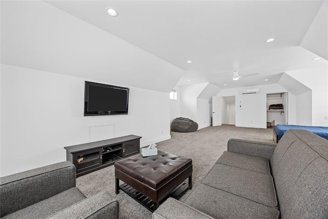 carpeted living room with recessed lighting, baseboards, and vaulted ceiling