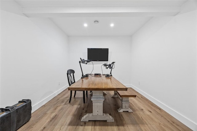 home office with recessed lighting, wood finished floors, and baseboards