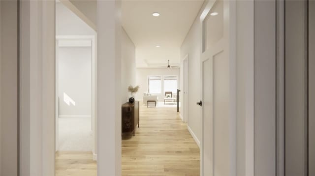 corridor with recessed lighting and light wood-type flooring