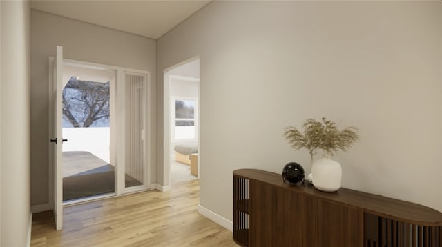 doorway to outside featuring baseboards and light wood-style floors