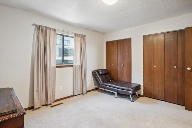 living area featuring light carpet and a textured ceiling