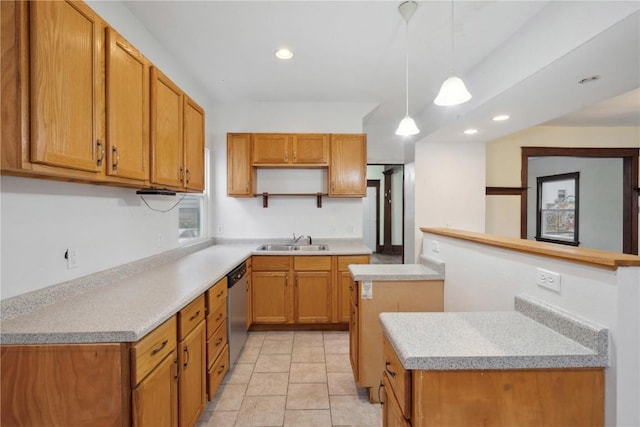 kitchen featuring a sink, open shelves, light countertops, dishwasher, and hanging light fixtures