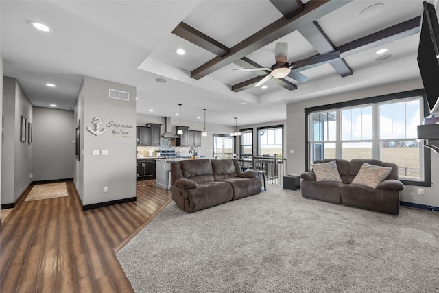 living room featuring baseboards, visible vents, coffered ceiling, dark wood finished floors, and beam ceiling