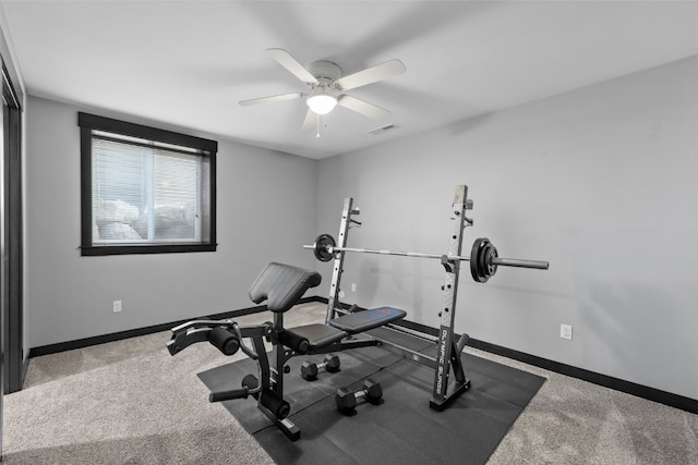 workout room featuring visible vents, baseboards, ceiling fan, and carpet flooring