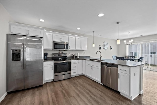 kitchen featuring dark countertops, a peninsula, stainless steel appliances, white cabinetry, and a sink