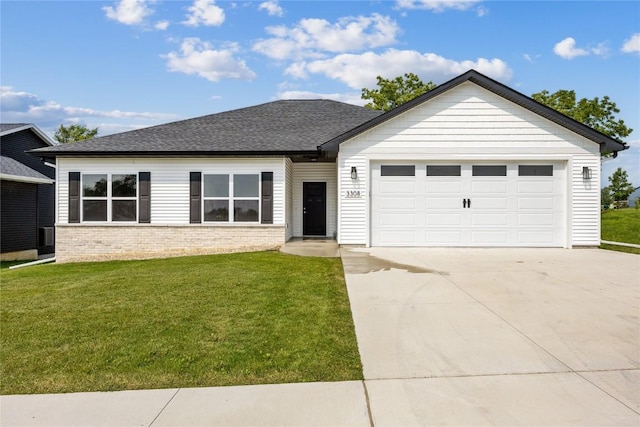 ranch-style home featuring a front yard, a shingled roof, concrete driveway, a garage, and brick siding