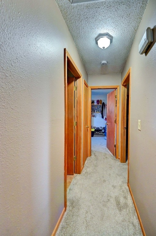 hall featuring carpet flooring, a textured ceiling, baseboards, and a textured wall