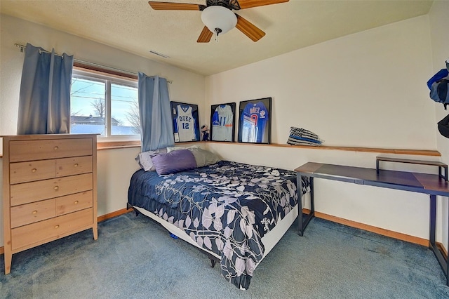 carpeted bedroom with ceiling fan, baseboards, visible vents, and a textured ceiling