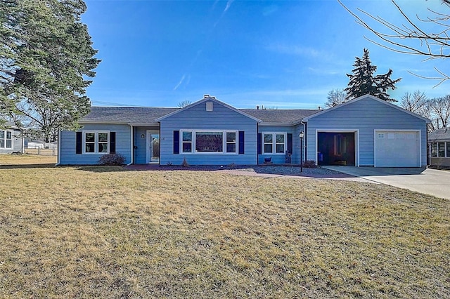 single story home featuring concrete driveway, an attached garage, and a front yard