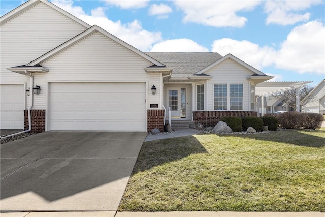 ranch-style house featuring brick siding, a shingled roof, a front lawn, a garage, and driveway