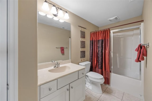 bathroom featuring vanity, visible vents, tile patterned floors, toilet, and shower / tub combo with curtain