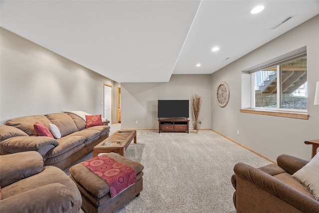 living room with carpet flooring, recessed lighting, and baseboards