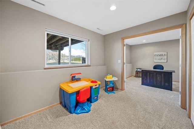 game room with recessed lighting, visible vents, baseboards, and carpet flooring