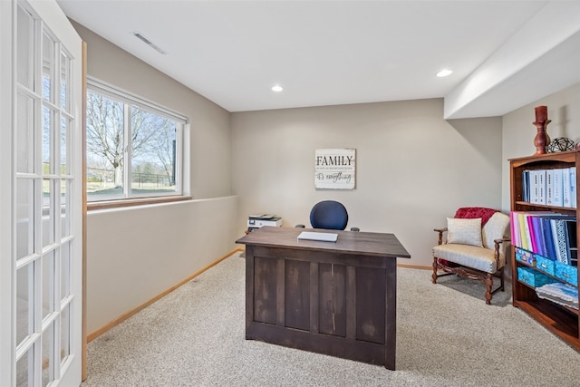 office with recessed lighting, visible vents, baseboards, and carpet flooring