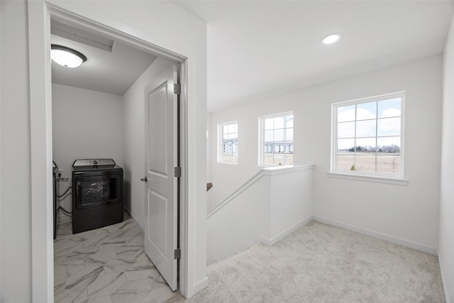 hallway featuring baseboards, washer and clothes dryer, an upstairs landing, recessed lighting, and marble finish floor