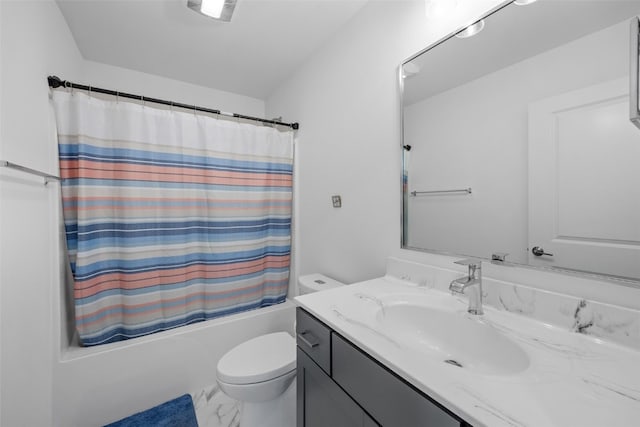 full bathroom featuring vanity, toilet, marble finish floor, and shower / tub combo with curtain