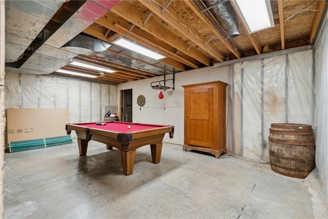 recreation room featuring pool table and unfinished concrete flooring