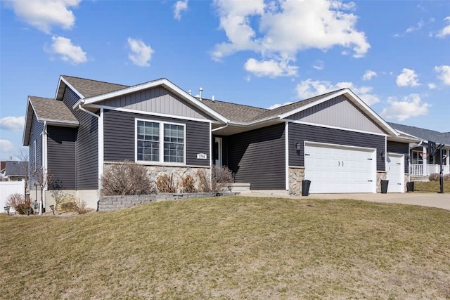 ranch-style home with board and batten siding, a front lawn, a garage, stone siding, and driveway