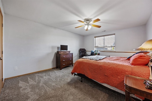 bedroom with baseboards, carpet floors, and ceiling fan