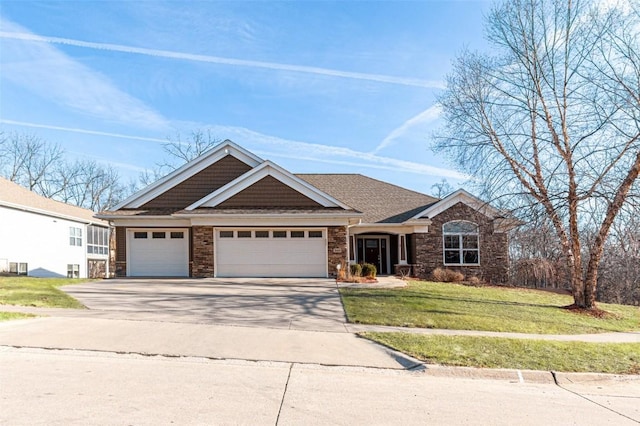 craftsman-style house with a shingled roof, concrete driveway, a front yard, stone siding, and an attached garage