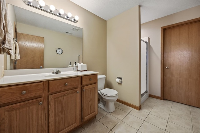 bathroom with visible vents, a shower stall, toilet, tile patterned floors, and vanity