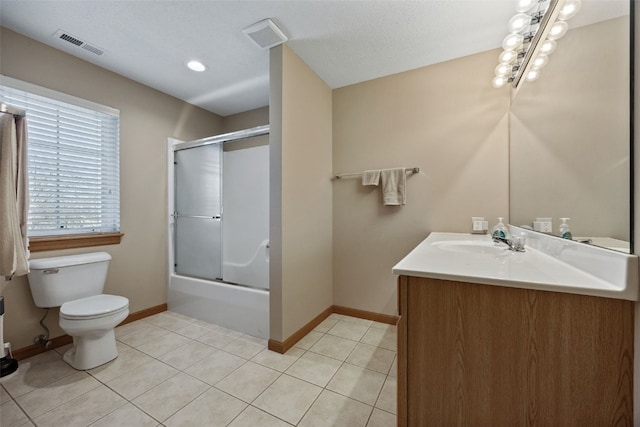 full bathroom with tile patterned floors, visible vents, toilet, baseboards, and vanity