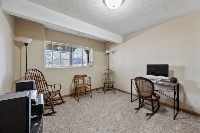 carpeted office space featuring baseboards and a textured ceiling