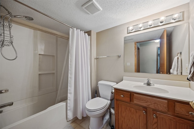 bathroom with visible vents, toilet, vanity, a textured ceiling, and shower / bathtub combination with curtain