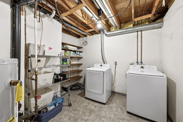 washroom with washing machine and clothes dryer, laundry area, and water heater