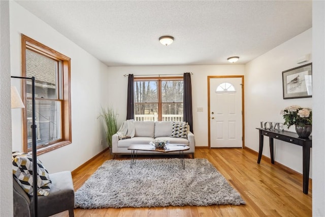 living room featuring baseboards, light wood-style floors, and a textured ceiling