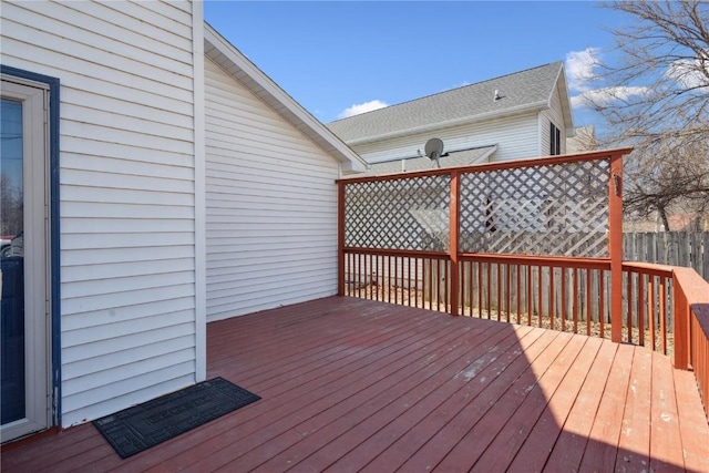 wooden terrace featuring fence