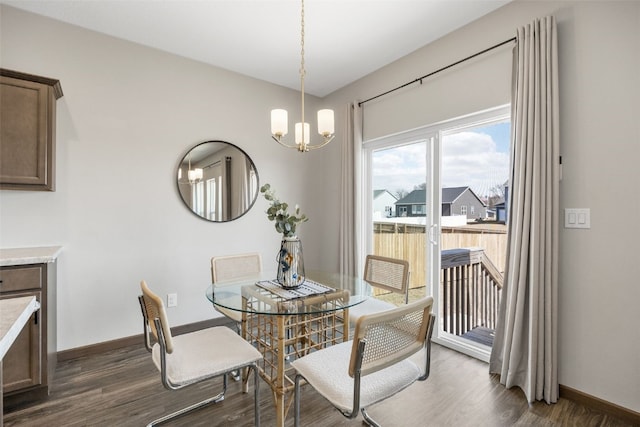 dining area with an inviting chandelier, dark wood-style floors, and baseboards