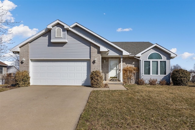 ranch-style home featuring brick siding, a garage, driveway, and a front yard