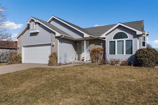 ranch-style home featuring a front lawn, concrete driveway, brick siding, and an attached garage