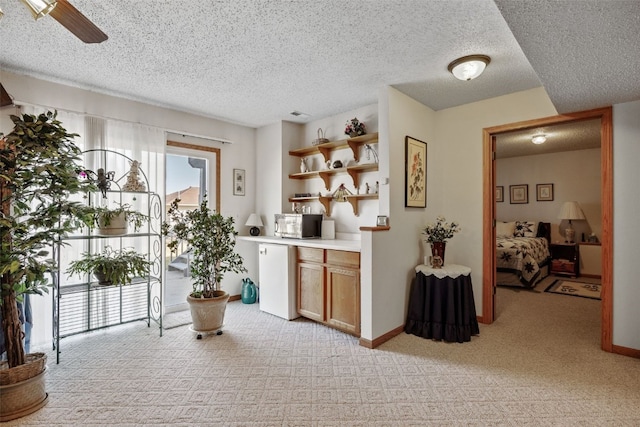 interior space with baseboards, light colored carpet, a ceiling fan, and a textured ceiling