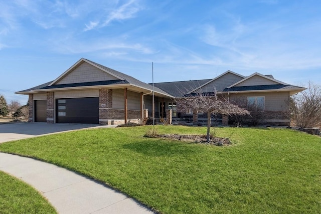 ranch-style house with a front yard, an attached garage, brick siding, and concrete driveway