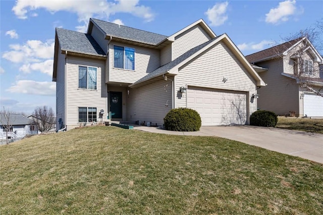 view of front of home featuring driveway, a front yard, an attached garage, and a shingled roof