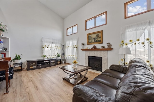 living room featuring high vaulted ceiling, wood finished floors, and a fireplace