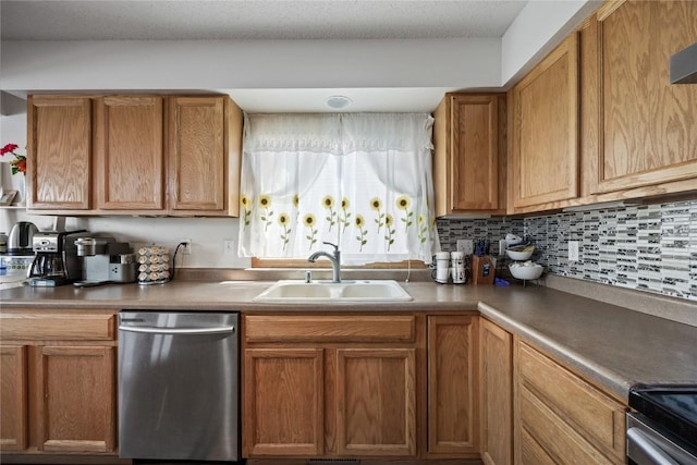 kitchen featuring dishwasher, brown cabinets, backsplash, and a sink