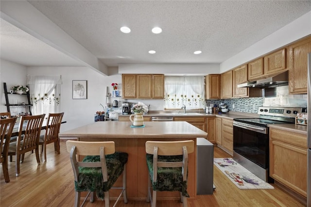 kitchen featuring light wood-type flooring, under cabinet range hood, a sink, a kitchen island, and appliances with stainless steel finishes