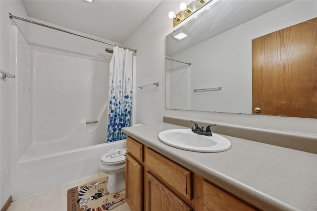 full bathroom featuring vanity, tile patterned floors, toilet, and shower / bathtub combination with curtain